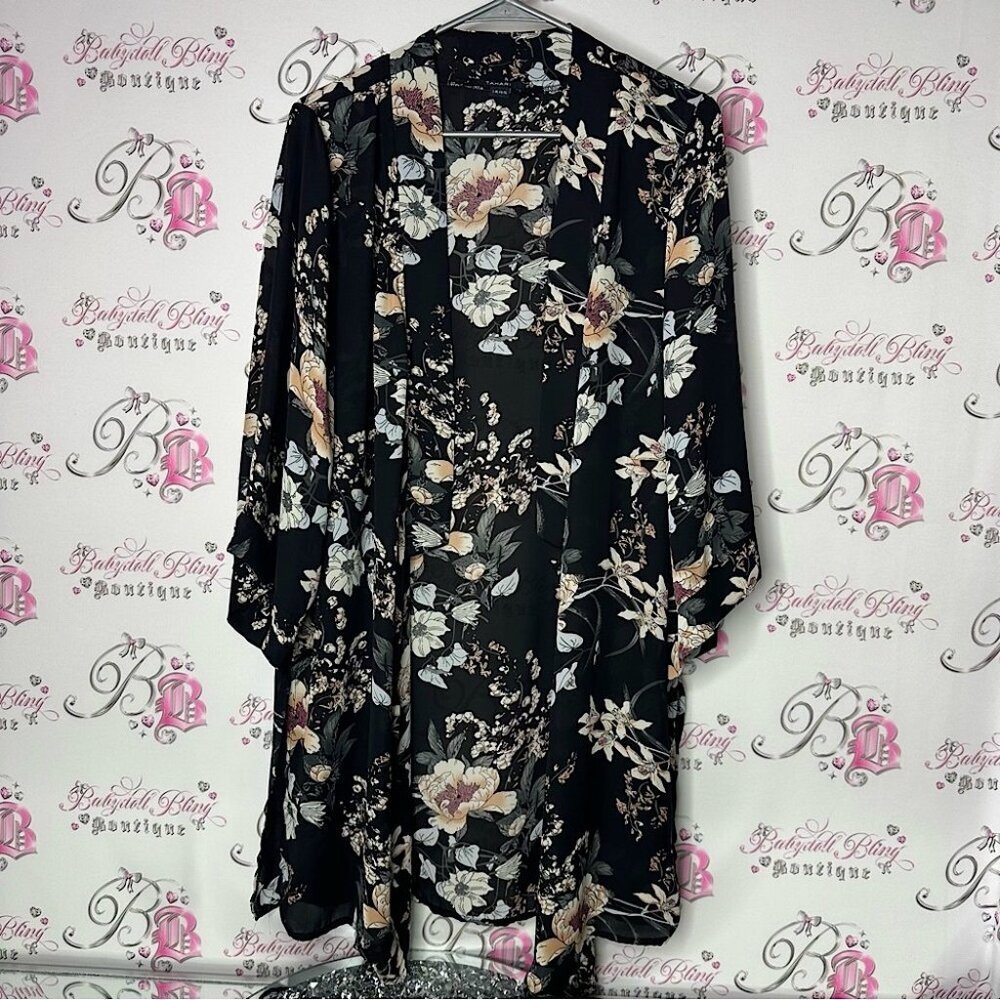 Tahari Floral Black Kimono Robe cardigan flowy luxe long comfy